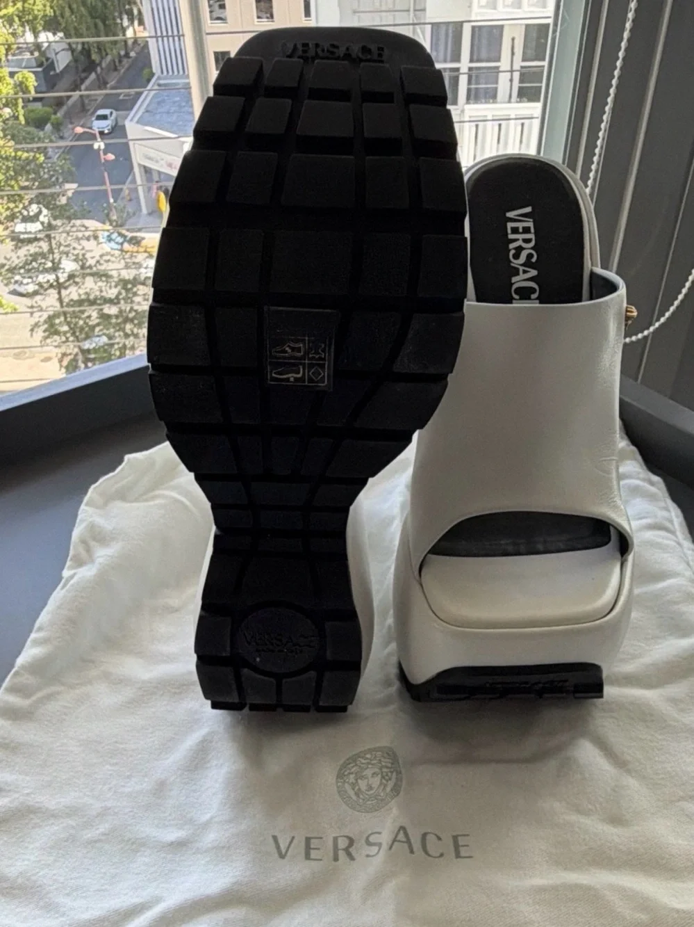 Versace White Leather Platform Slide Mules with Chunky Black Sole